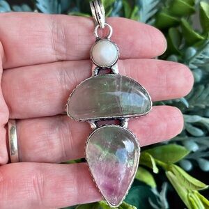 Natural Fluorite & Pearl Gemstone 2.8” Silver Pendant